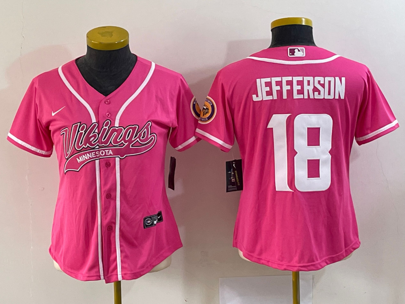 Women's Minnesota Vikings #18 Justin Jefferson Pink With Patch Cool Base Stitched Baseball Jersey(Run Small)